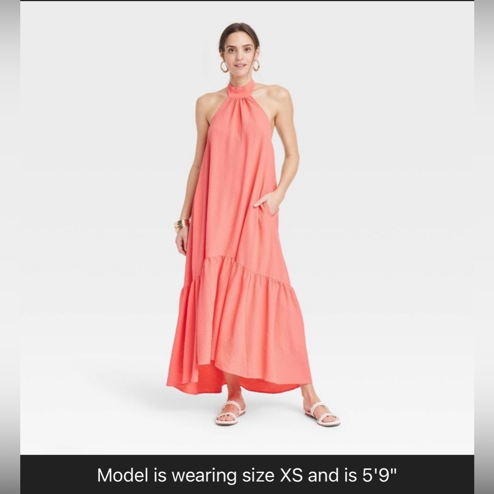 a new day Coral Halter Midi Dress with Ruffle Tier